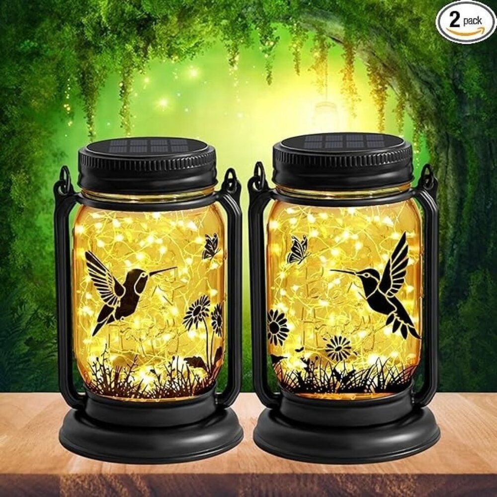 2 Pack Outdoor Hanging Solar Lanterns Hummingbird Theme Vintage Glass Mason Jar